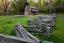 Wooden fence around John Oliver Place historical building, Cades Cove area, Great Smoky Mountains National Park, Tennessee, USA. April, 2022.