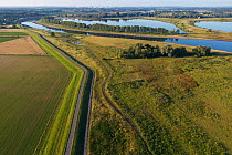 Aerial view of Maas River floodplains, recreated through the GrenseMaas project, near Maastricht, The Netherlands. July, 2022.