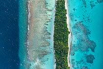 Aerial view of narrow coral atoll island with palm trees and white sand beach surrounded by reef, Dhigurah Island, South Ari Atoll, Maldives, Indian Ocean. February, 2020.