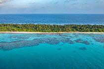 Aerial view of narrow coral atoll island with palm trees and white sand beach, Dhigurah Island, South Ari Atoll, Maldives, Indian Ocean. February, 2020.