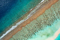 Aerial view of waves breaking on reef edge and sand bank, along South Ari Atoll, Maldives, Indian Ocean. February, 2020.