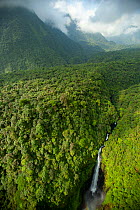Aerial view of waterfall in gorge of the Rio Ole, emerging from the Gran Caldera Volcanica de Luba, Bioko Island, Equatorial Guinea, West Africa. January, 2008.