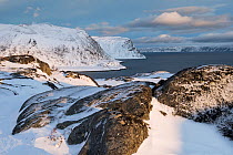 View over the Tanafjorden and the Nordkyn-peninsula from Skjanes, Finnmark, Norway. February, 2015.