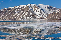 Melting ice sheets and mountains close to Tunabreen glacier, Sassenfjorden, Spitsbergen, Svalbard, Norway, Arctic Ocean. June, 2008.