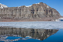Melting ice sheets and mountains close to Tunabreen glacier, Sassenfjorden, Spitsbergen, Svalbard, Norway, Arctic Ocean. June, 2008.