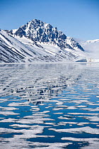 Snow-covered mountains reflecting on drifting and melting sea ice, Spitsbergen, Svalbard, Norway, Arctic Ocean. July, 2008.