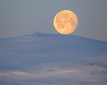 Full moon over snow-coverered mountain in winter, Troms, Norway. November, 2019.