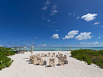 Beach chairs and parasols on beach, Blue Safari camp, Wizard Island, Cosmoledo Atoll, Seychelles. April, 2023.