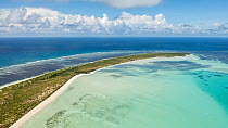 Aerial view of Wizard Island, Cosmoledo Atoll, Seychelles, Indian Ocean. April, 2023.