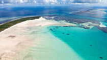 Aerial view of beach on Wizard Island, Cosmoledo Atoll, Seychelles, Indian Ocean. April, 2023.