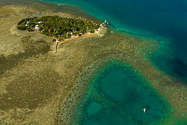 Aerial view of Toberua Island, a small private resort island, Lomaiviti Group, Fiji, Pacific Ocean. September, 2022.