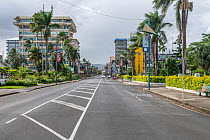 Empty streets lined with Palm trees during the Covid pandemic, Suva city, Viti Levu, Fiji. June, 2021.