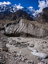 View of the Baltoro Glacier snout, Braldu river and surrounding mountains, Karakoram Mountains, Gilgit-Baltistan, Northern Pakistan. July, 2022.