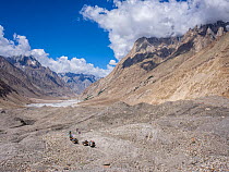 View of Baltoro Glacier snout and Braldu river, with porters walking along trail in foreground, Karakoram Mountains,  Gilgit-Baltistan, Northern Pakistan. July, 2022.