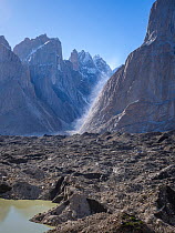 Rockfall on the Baltoro Glacier, Karakoram Mountains, Gilgit-Baltistan, Northern Pakistan. July, 2022.