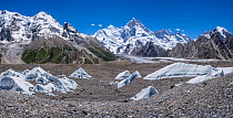 View of Baltoro Glacier seracs and surrounding mountains, Karakoram Mountains, Gilgit-Baltistan, Northern Pakistan. July, 2022.
