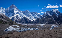 View of seracs on the Baltoro Glacier and surrounding mountains, Karakoram Mountains, Gilgit-Baltistan, Northern Pakistan. July, 2022.