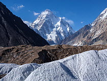 Godwin-Austen Glacier from Baltoro Glacier and Concordia, with K2 in background, Karakoram Mountains, Gilgit-Baltistan, Northern Pakistan. July, 2022.