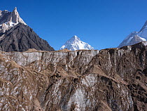 Godwin-Austen Glacier with summit of K2 in background, Karakoram Mountains, Gilgit-Baltistan, Northern Pakistan. July, 2022.