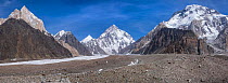 View of K2, Broad Peak and the Godwin-Austen Glacier near Baltoro Glacier and Concordia, Karakoram Mountains, Gilgit-Baltistan, Northern Pakistan. July, 2022.