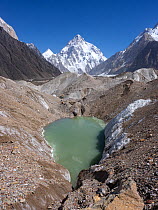Godwin-Austen Glacier with summit of K2 in background, Karakoram Mountains, Gilgit-Baltistan, Northern Pakistan. July, 2022.