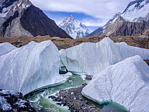 Confluence of Godwin-Austen and Baltoro Glaciers with summit of K2 in background, Concordia, Karakoram Mountains, Gilgit-Baltistan, Northern Pakistan. July, 2022.