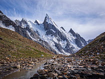 Snowcapped Laila Peak and Gondogoro Glacier, Karakoram Mountains, Gilgit-Baltistan, Northern Pakistan. July, 2022.