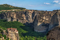 Holy Monastery of Varlaam on a rocky precipice high above valley floor, Thessalie region, Central Greece. May, 2022.