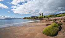 View across beach to Minard Castle and Minard Head, Dingle Peninsula, County Kerry, Republic of Ireland. September, 2022.