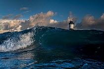 Waves breaking over rocks with Penmon lighthouse in backgound, near Beaumaris, Anglesey, Gwynedd, Wales, UK. December 2022