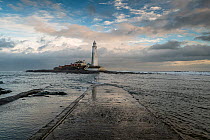 View from the Causeway to St Mary's Lighthouse, Whitley Bay, Northumberland, England, UK. December, 2019.