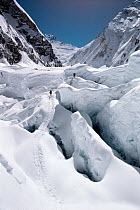 Climbers using ladders to cross crevasses as they approach the Western Cwm, Khumbu Ice Fall, Mount Everest, Tibet, May.