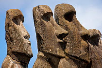 Close-up of Moai statues heads, Tongariki, Easter Island, South Pacific Ocean.
