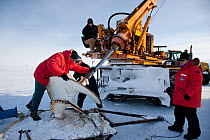 Preparing Augur drill to make ice hole through which scuba divers can descend, McMurdo Sound, Ross Sea, Antarctica.