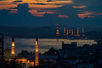Mahakam River and the Grand Mosque of Samarinda at sunset. Samirinda, Kalimantan, Borneo, Indonesia.