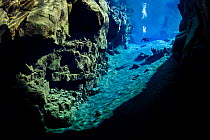 Diver swimming through the Silfra fissure, a crack in the Earth's crust between the North American and Eurasian continental plates, which is filled with glacial melt water, Thingvellir National P...