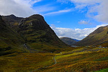 View of mountains in Glencoe from The Three Sisters viewpoint, Glencoe, Scotland, UK. October, 2022.