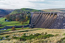 View of dam at the south end of the Claerwen reservoir in the Elan Valley, near Rhayader, Powys, Wales, UK. November, 2022.