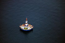 Aerial view of the Royal Dutch Shell floating drill rig, Kulluk, approx 12 miles off the Alaskan coast, Beaufort Sea, Arctic Ocean. October, 2012.