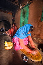 Indian woman grinding aromatic spices in her home, Chausali village, Uttarakhand, India. March, 2012.