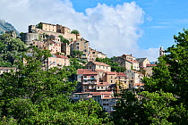 View of Corte village in the Corsica mountains, Haute Corse, Corsica. June, 2023.