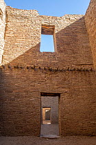 Wall and doorway of Pueblo Bonito Historic Ruins, Chaco Canyon, Chaco Culture National Historic Park, New Mexico, USA, June 2023.