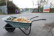 Wheelbarrow demonstrating Chicken farming waste pollution at Extinction Rebellion's Save the Wye Campaign protest, Avara Cargill Chicken Processing Factory, Hereford, Herefordshire, UK, April 8th...