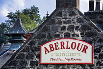 Sign outside of Aberlour distillery, Strathspey, Scotland, UK.