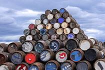 Stack of discarded whisky barrels, Speyside Cooperage, Craigellachie, Aberlour, Banffshire, Grampian, Scotland, UK.