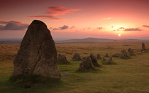 Merrivale Stone Row, remains from a Bronze Age settlement, at sunset, Dartmoor National Park, Devon, England, UK. October, 2004.