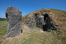 Bryn Cellli Ddu Neolithic burial chamber, showing the Passage Stone and entrance to passage tomb, Anglesey, Wales, UK. June, 2023.