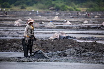 Woman working at Lake Katwe salt works, Queen Elizabeth National Park, Uganda. February, 2023. Saline water is evaporated from dug earthen ponds to produce rock salt and 'muddy' salt used fo...