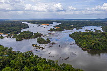 Aerial view of the Iwokrama Rainforest, one of the last remaining pristine rainforests on the planet, central Guyana, South America. March, 2020.