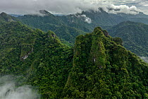 Aerial view of forest covered mountains and low cloud in Namosi Province on Fiji's largest island,Viti Levu, Fiji. June, 2023.